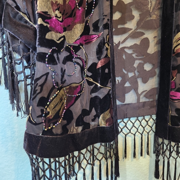JR Nites Vtg Floral Shell Blouse Fringe Velvet Burnout Dark Fairy Whimsigoth L - Picture 4 of 13